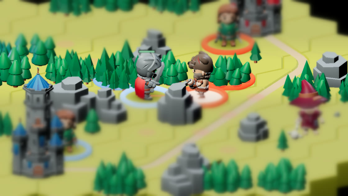 A knight and a brute at the deepest zoom, the treeline soft behind them