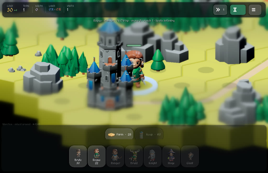 The game zoomed in on a rogue, the rest of the board soft, with the interface visible